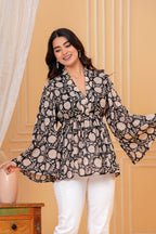 Amara Cotton Hand Block Print Peplum Top | V-Neck Floral Cotton Blouse for Women