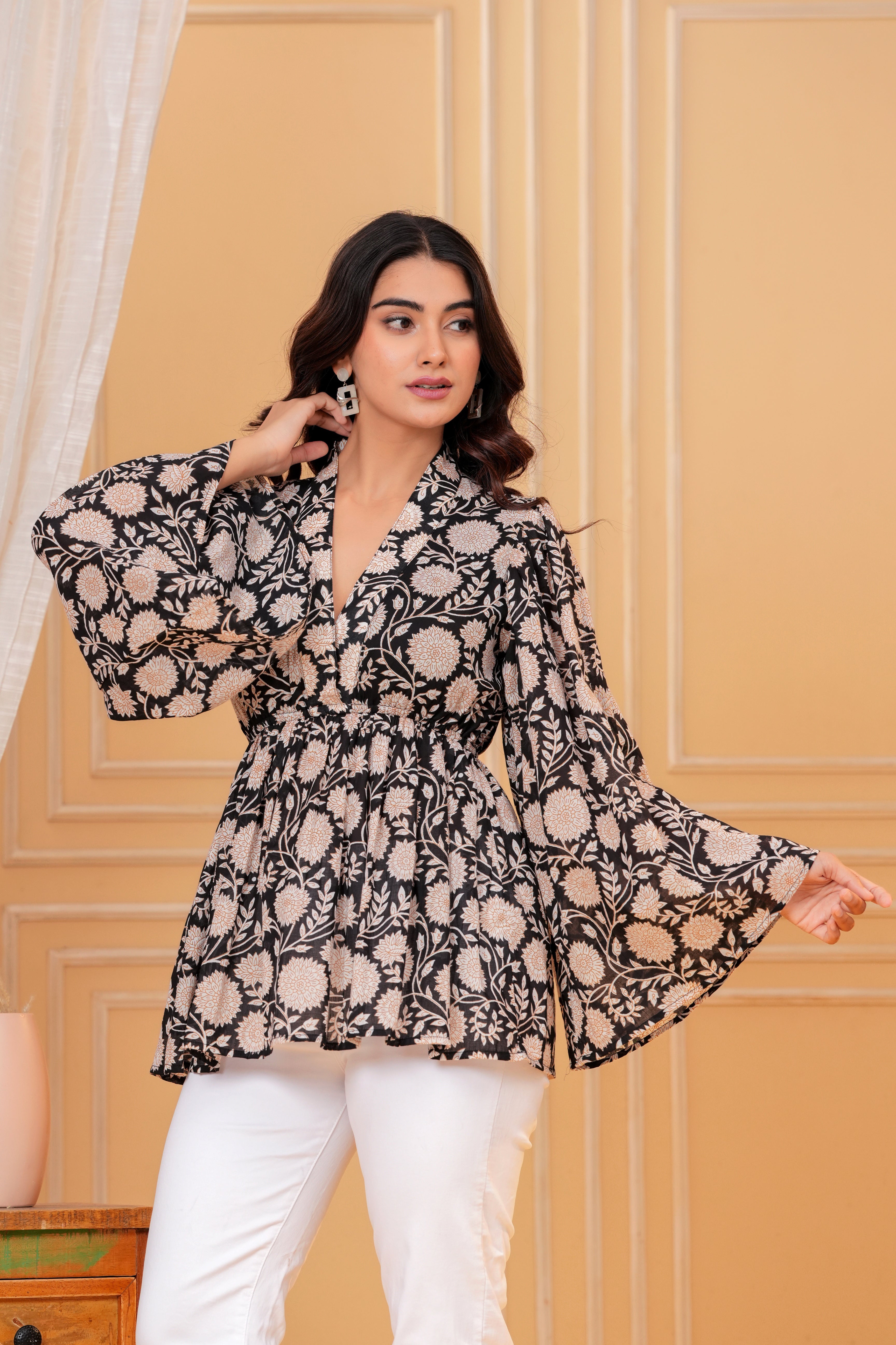 Amara Cotton Hand Block Print Peplum Top | V-Neck Floral Cotton Blouse for Women