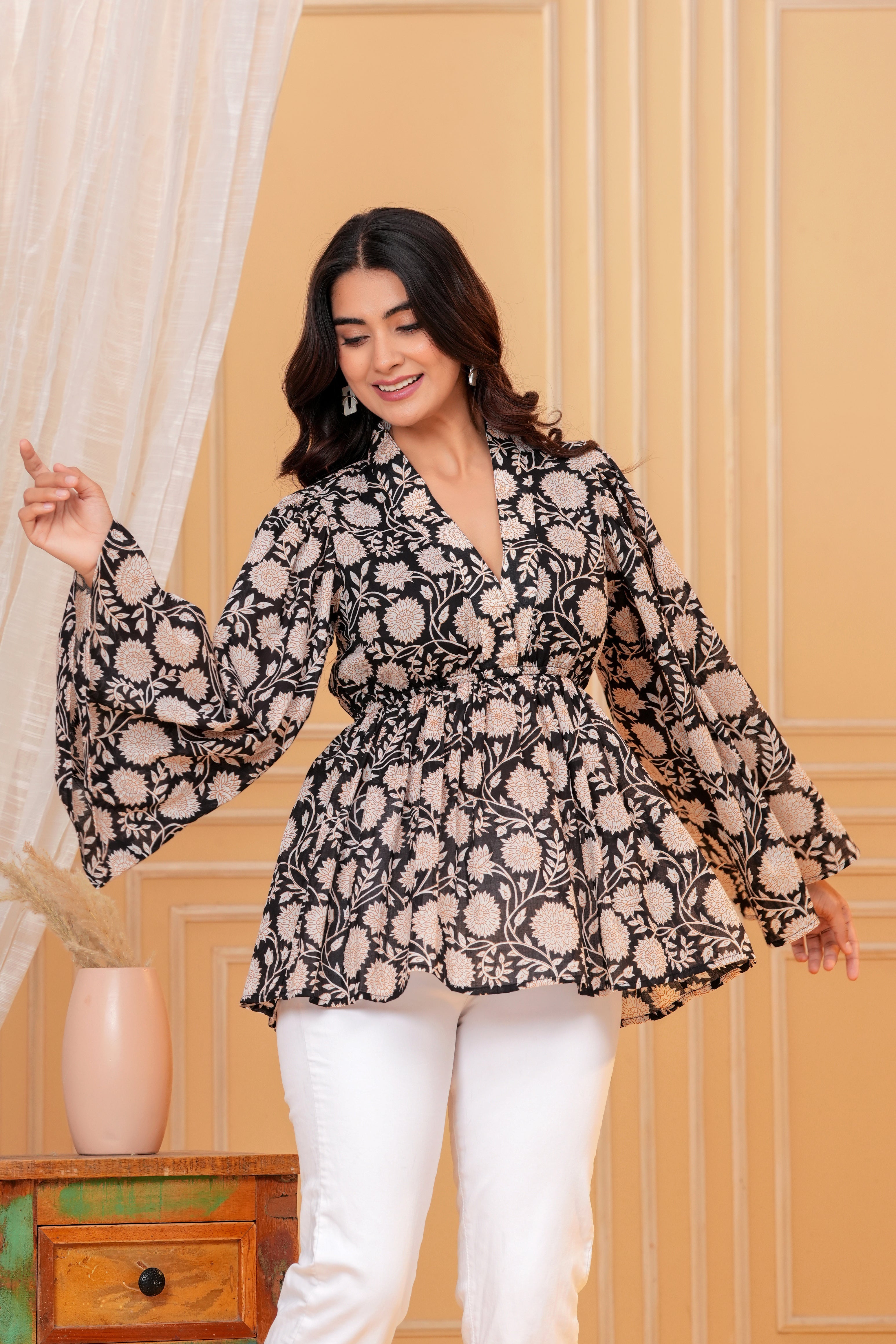Amara Cotton Hand Block Print Peplum Top | V-Neck Floral Cotton Blouse for Women