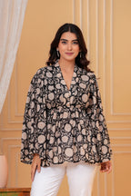 Amara Cotton Hand Block Print Peplum Top | V-Neck Floral Cotton Blouse for Women