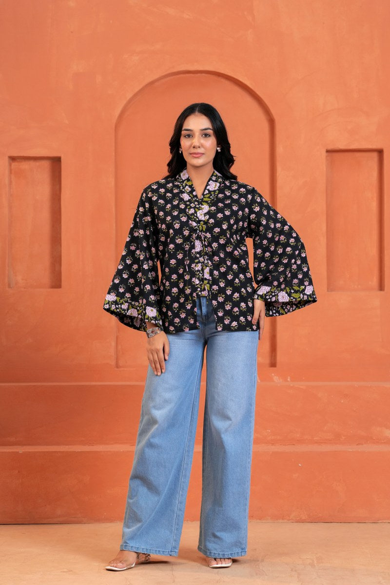 Aanya Cotton Floral Hand Block Print Tie-Up Top