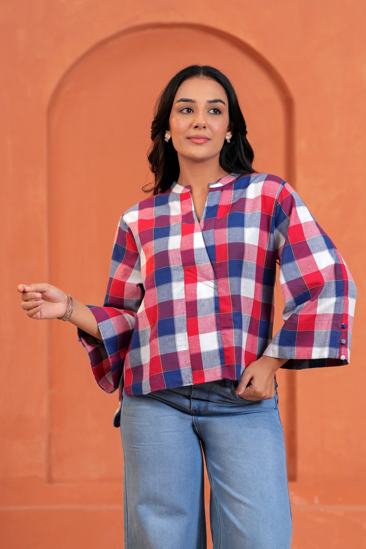 Mira Cotton Checked Hand Block Print Flared Sleeve Top