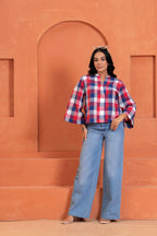 Mira Cotton Checked Hand Block Print Flared Sleeve Top