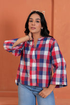 Mira Cotton Checked Hand Block Print Flared Sleeve Top