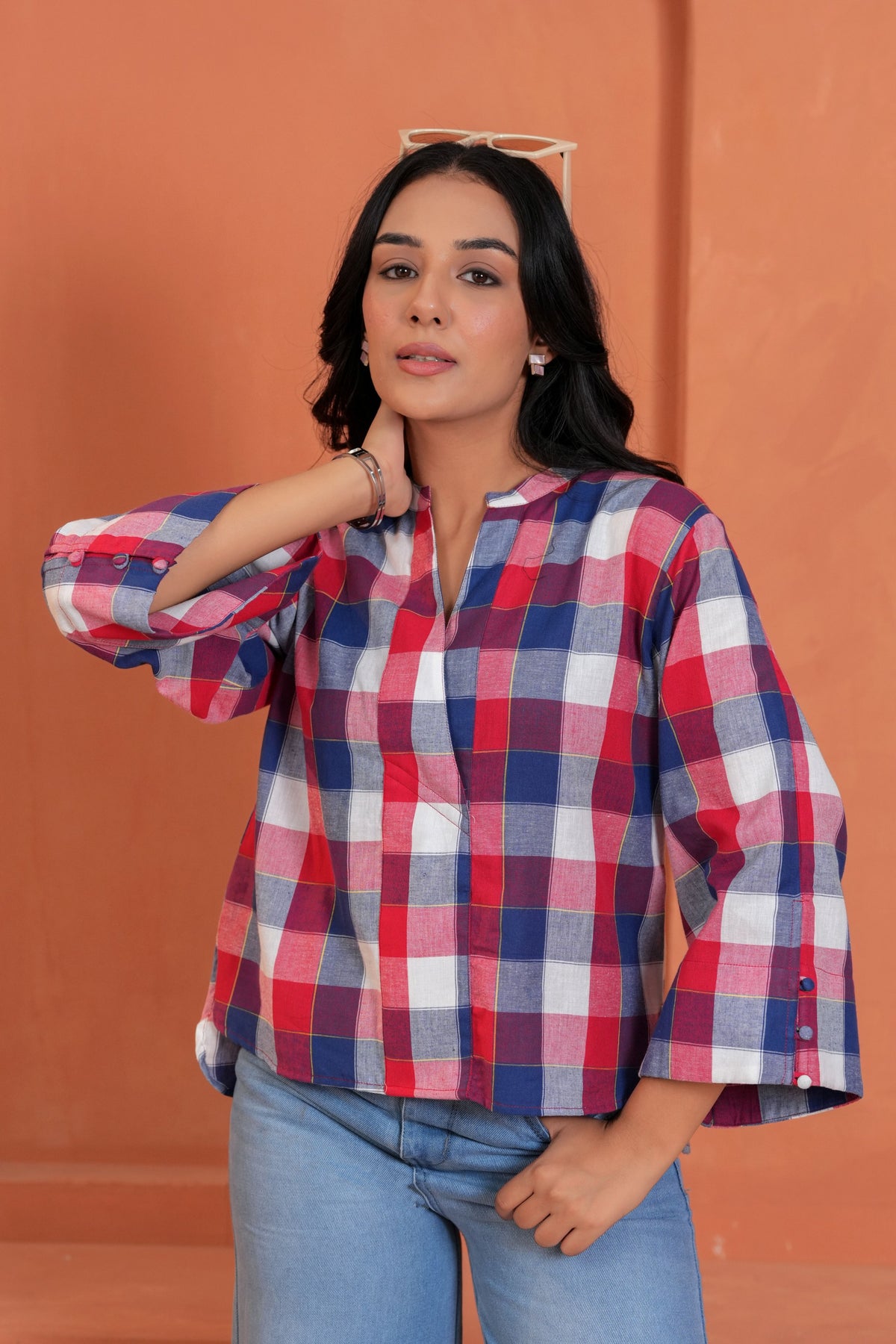 Mira Cotton Checked Hand Block Print Flared Sleeve Top