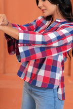 Mira Cotton Checked Hand Block Print Flared Sleeve Top