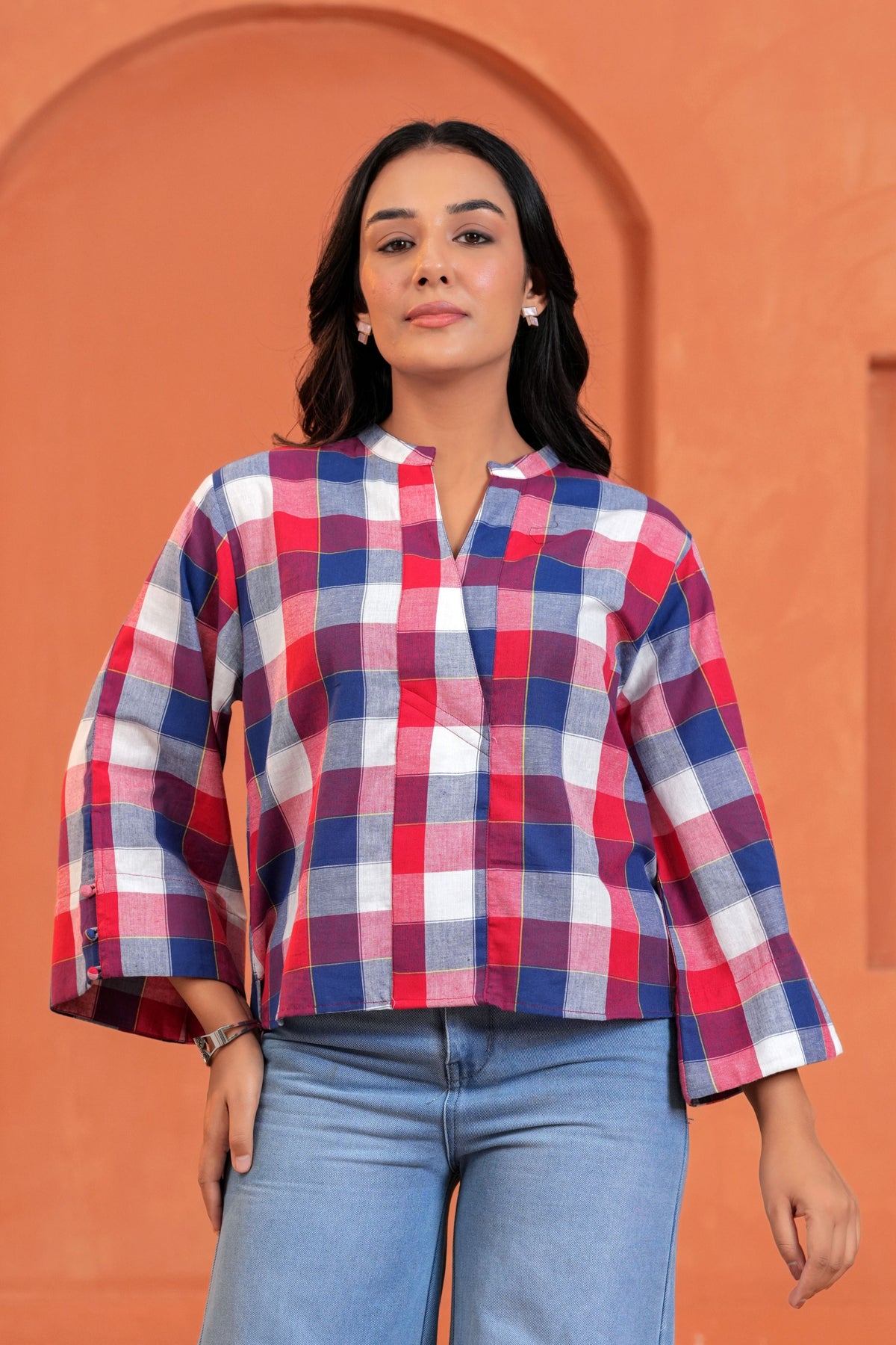 Mira Cotton Checked Hand Block Print Flared Sleeve Top