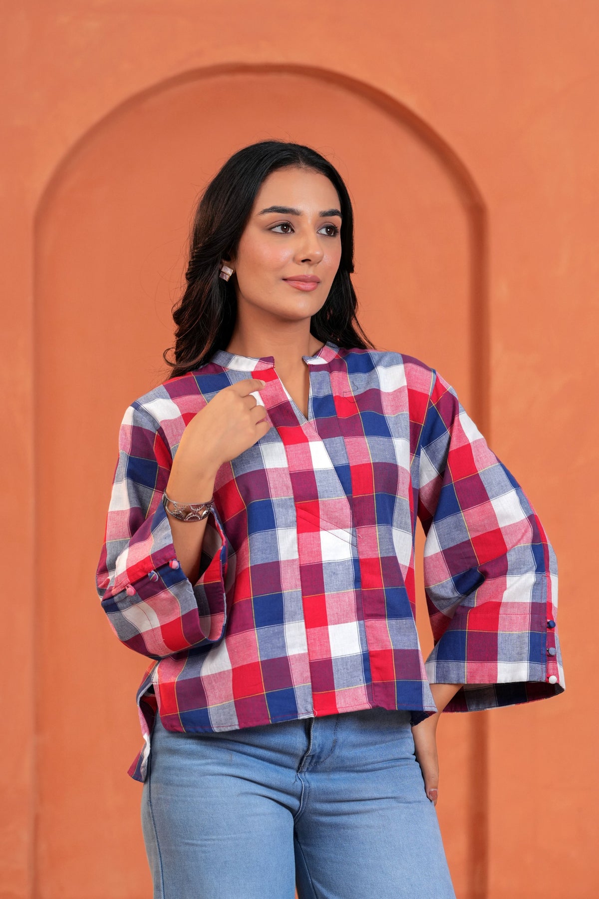 Mira Cotton Checked Hand Block Print Flared Sleeve Top