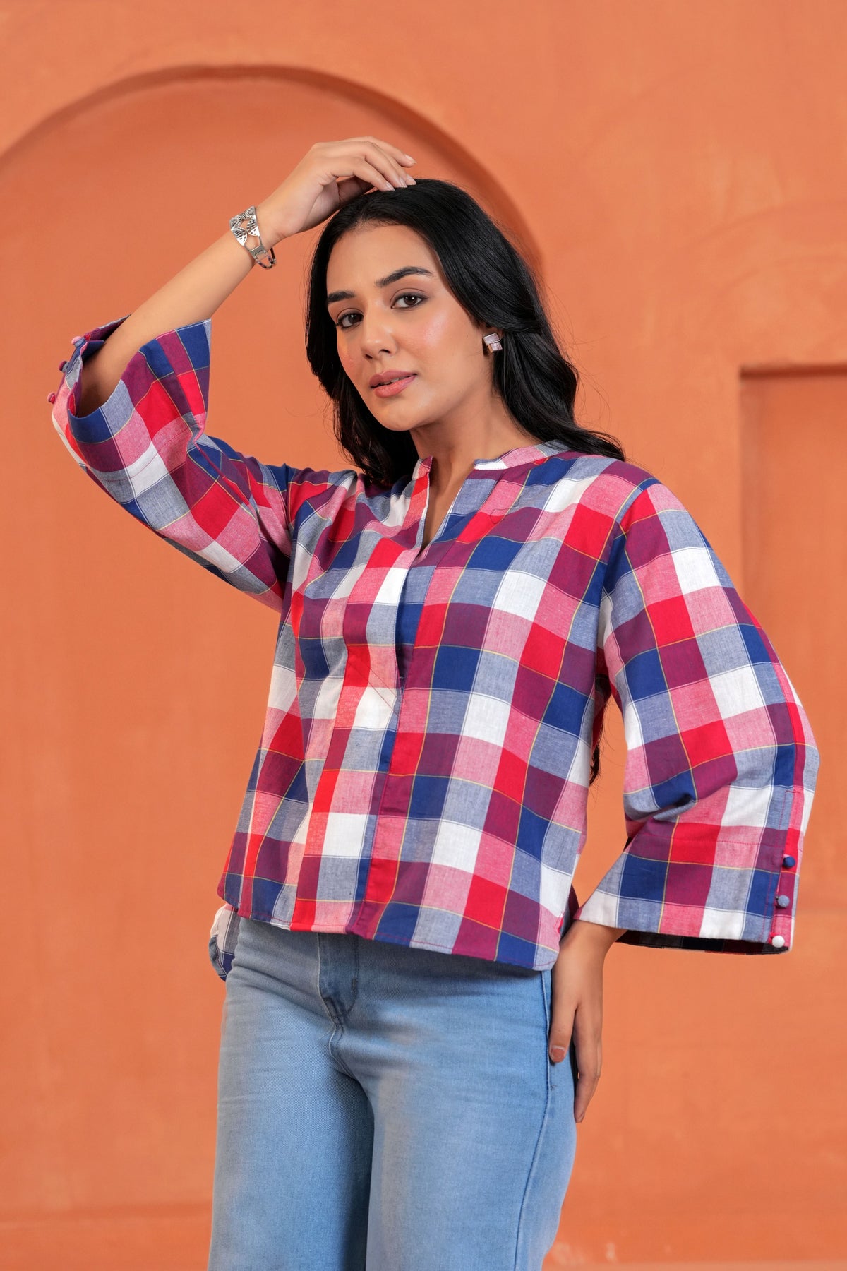 Mira Cotton Checked Hand Block Print Flared Sleeve Top