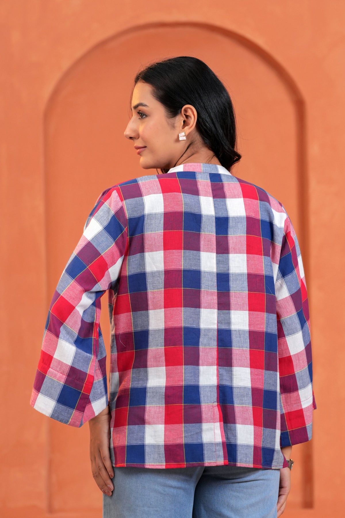 Mira Cotton Checked Hand Block Print Flared Sleeve Top