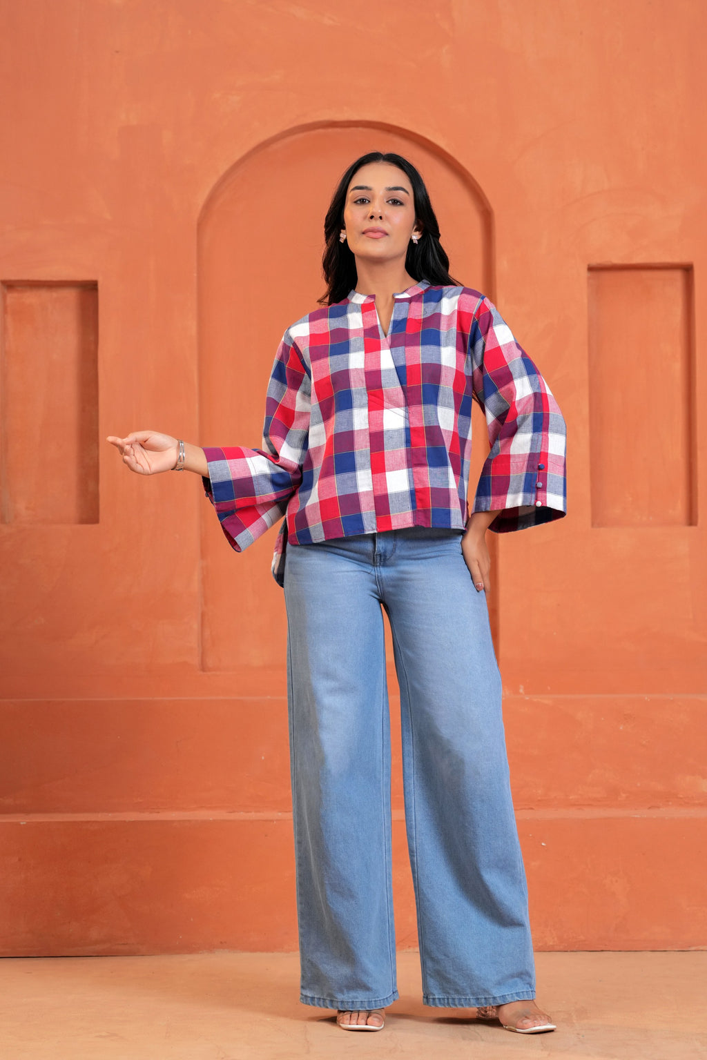 Mira Cotton Checked Hand Block Print Flared Sleeve Top