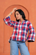 Mira Cotton Checked Hand Block Print Flared Sleeve Top