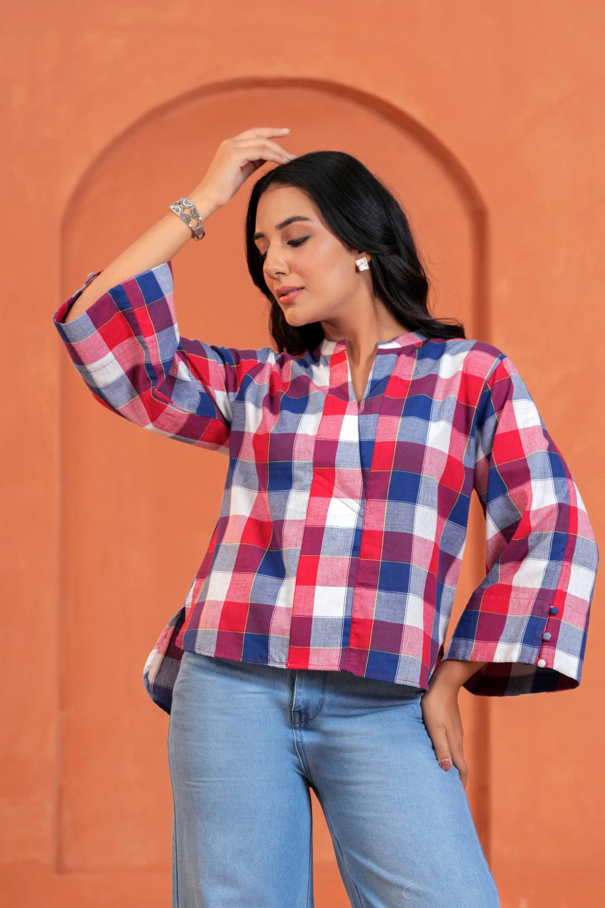Mira Cotton Checked Hand Block Print Flared Sleeve Top
