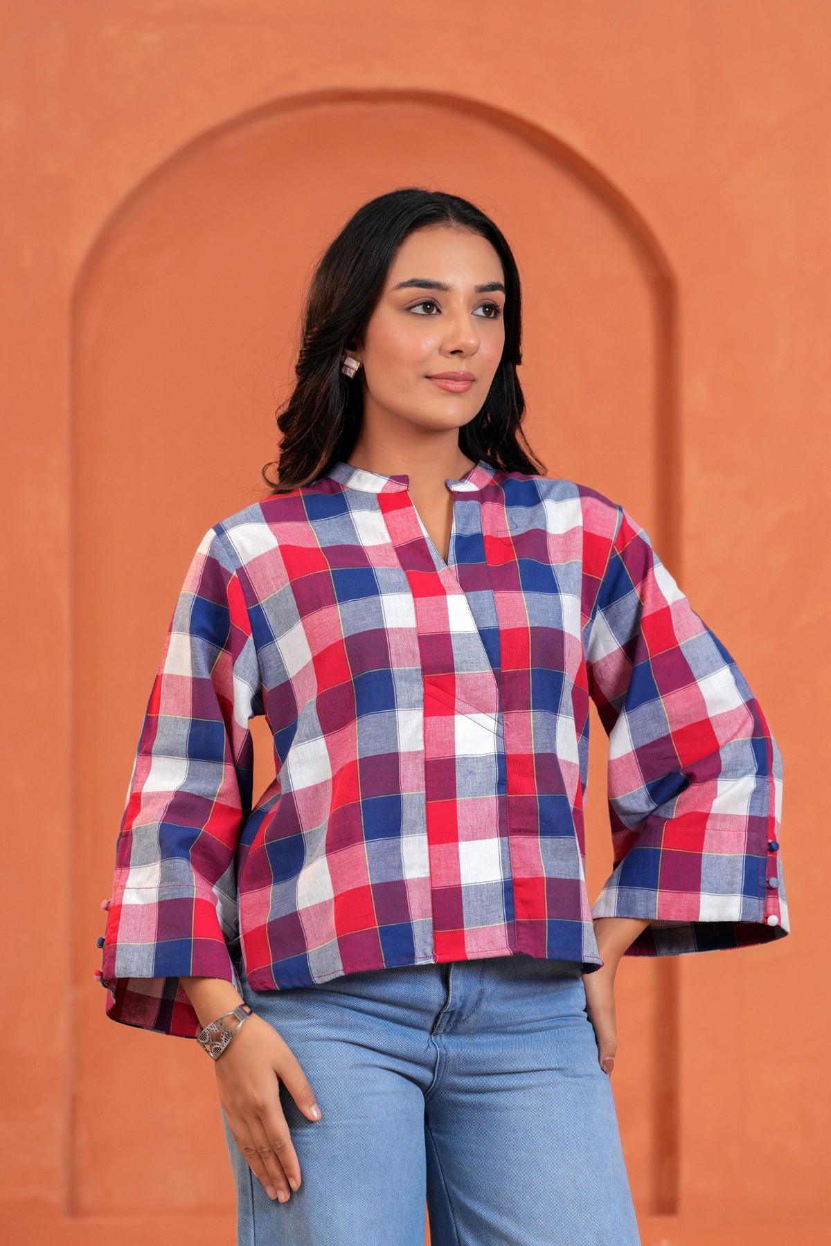 Mira Cotton Checked Hand Block Print Flared Sleeve Top