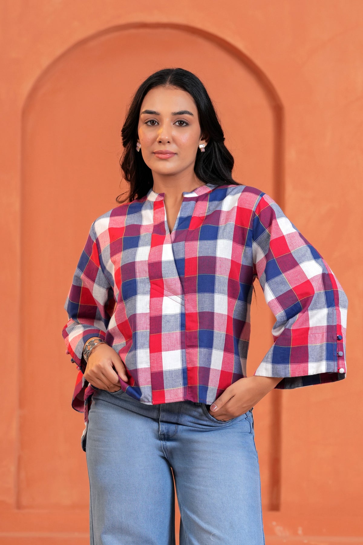 Mira Cotton Checked Hand Block Print Flared Sleeve Top