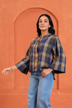 Nora Cotton Checked Hand Block Print Flared Sleeve Top