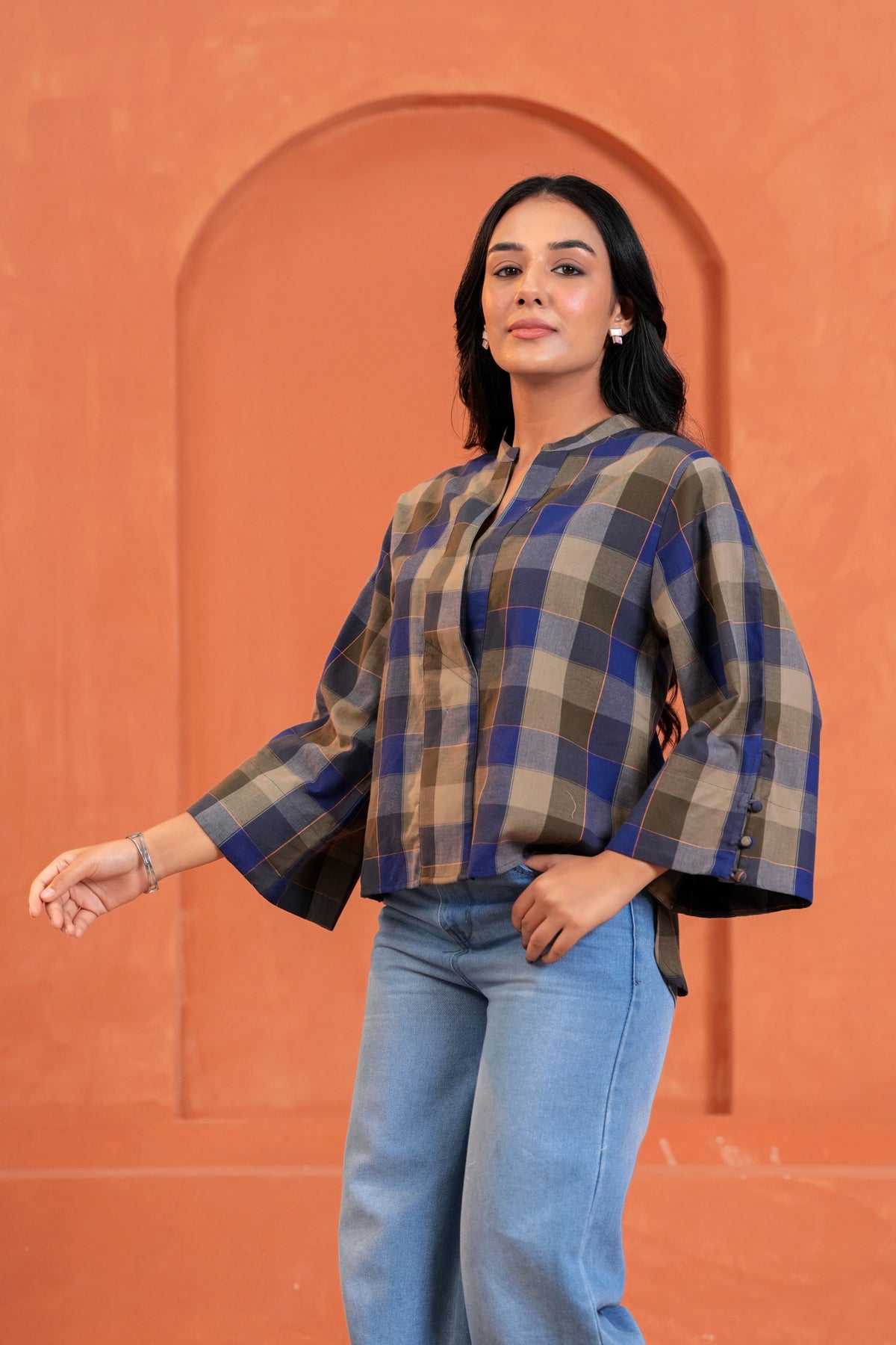 Nora Cotton Checked Hand Block Print Flared Sleeve Top