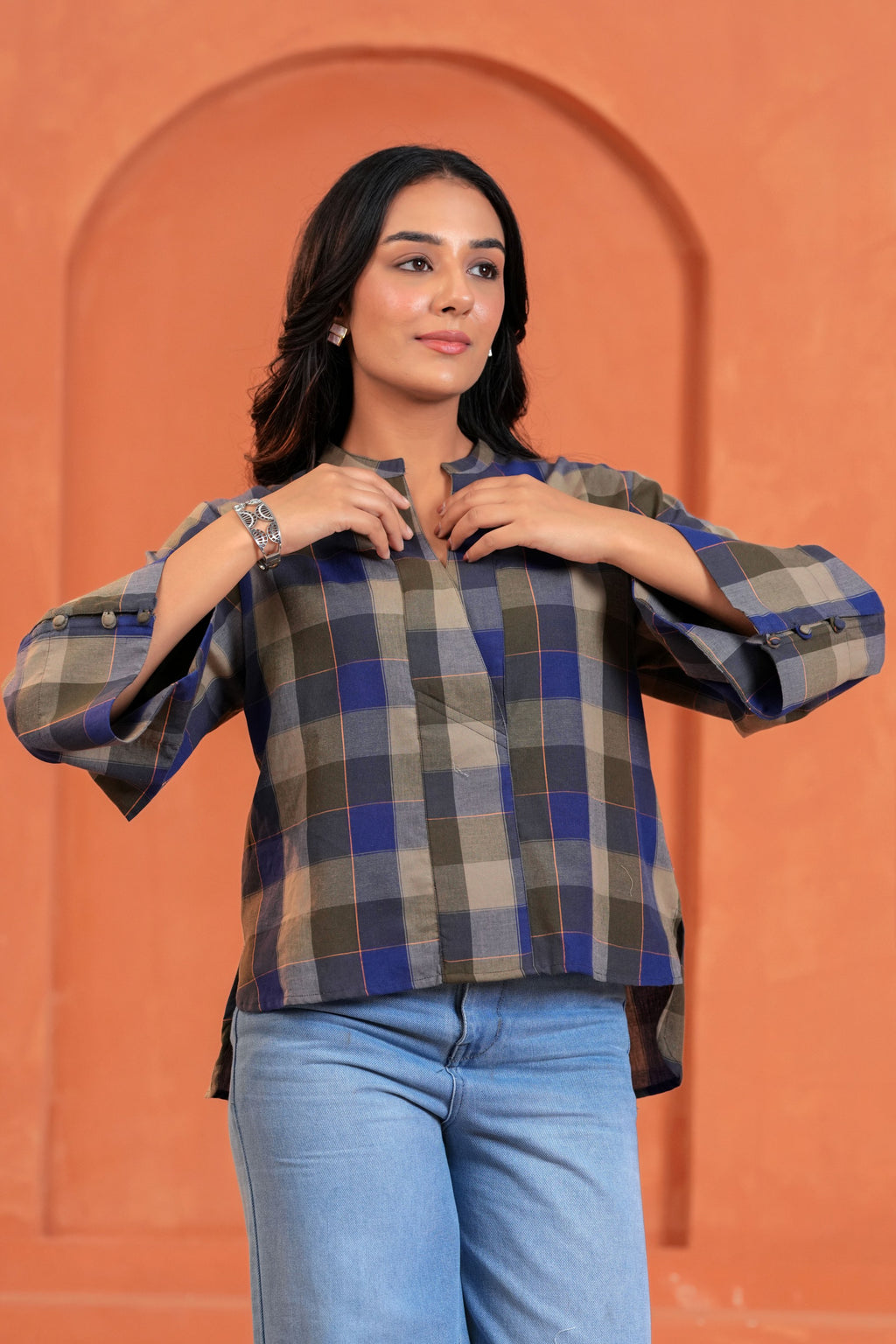 Nora Cotton Checked Hand Block Print Flared Sleeve Top