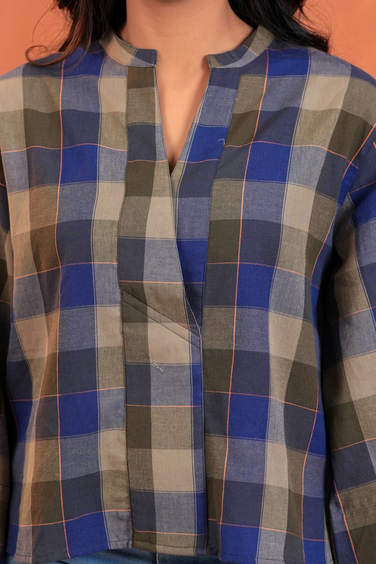 Nora Cotton Checked Hand Block Print Flared Sleeve Top