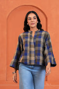 Nora Cotton Checked Hand Block Print Flared Sleeve Top