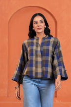 Nora Cotton Checked Hand Block Print Flared Sleeve Top