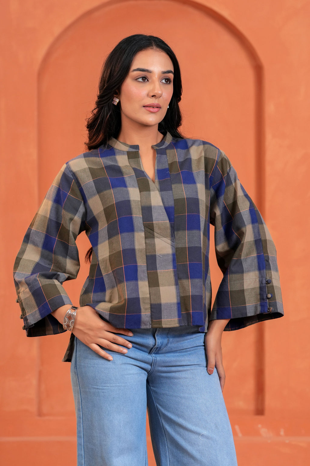 Nora Cotton Checked Hand Block Print Flared Sleeve Top