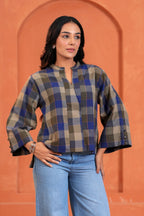 Nora Cotton Checked Hand Block Print Flared Sleeve Top
