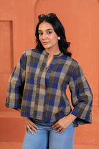Nora Cotton Checked Hand Block Print Flared Sleeve Top