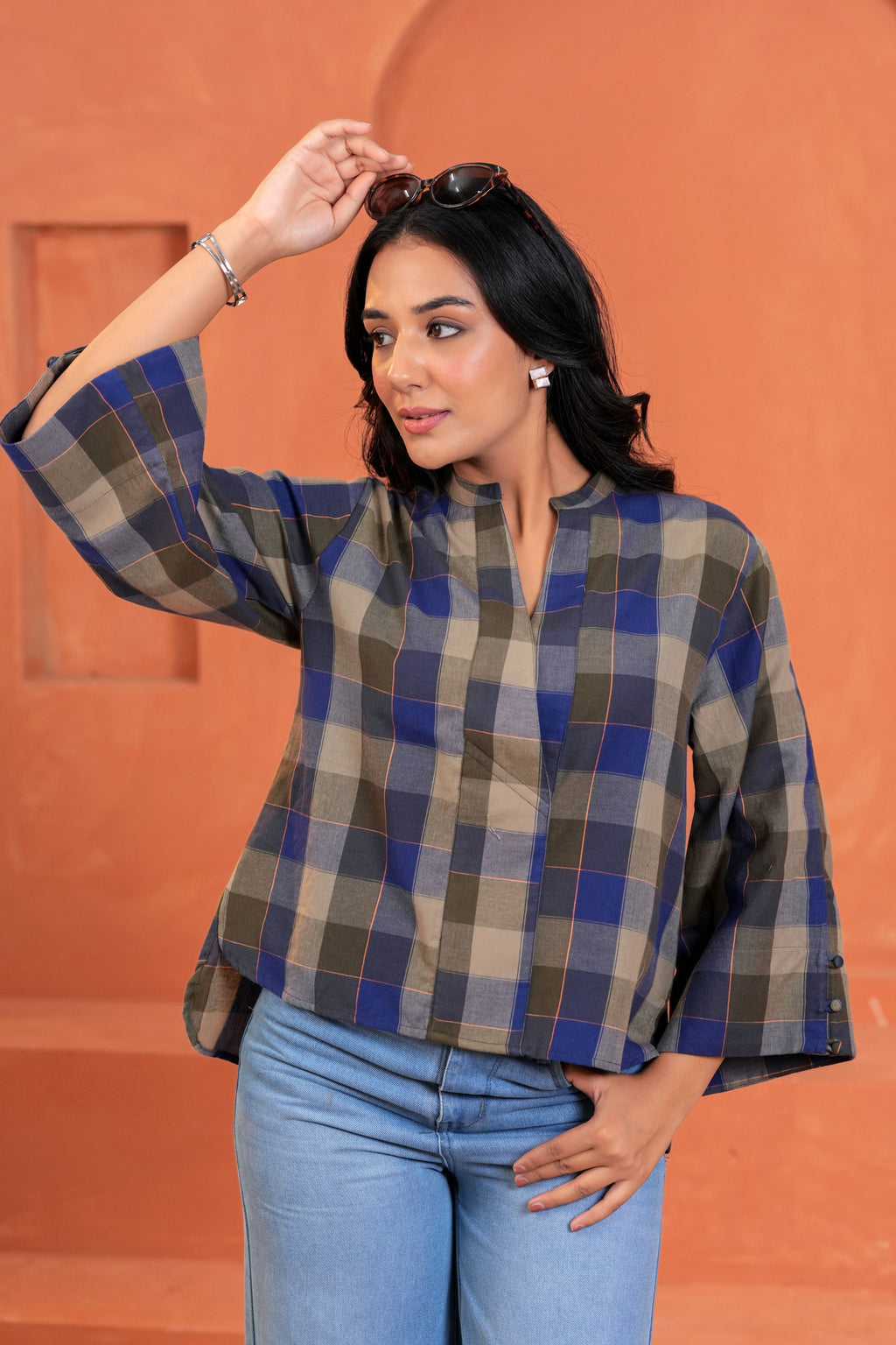 Nora Cotton Checked Hand Block Print Flared Sleeve Top