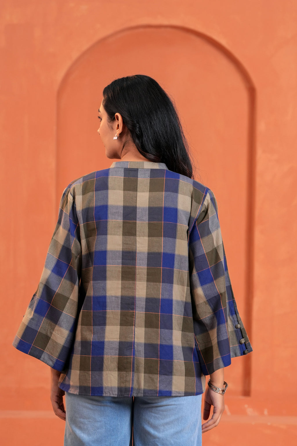 Nora Cotton Checked Hand Block Print Flared Sleeve Top