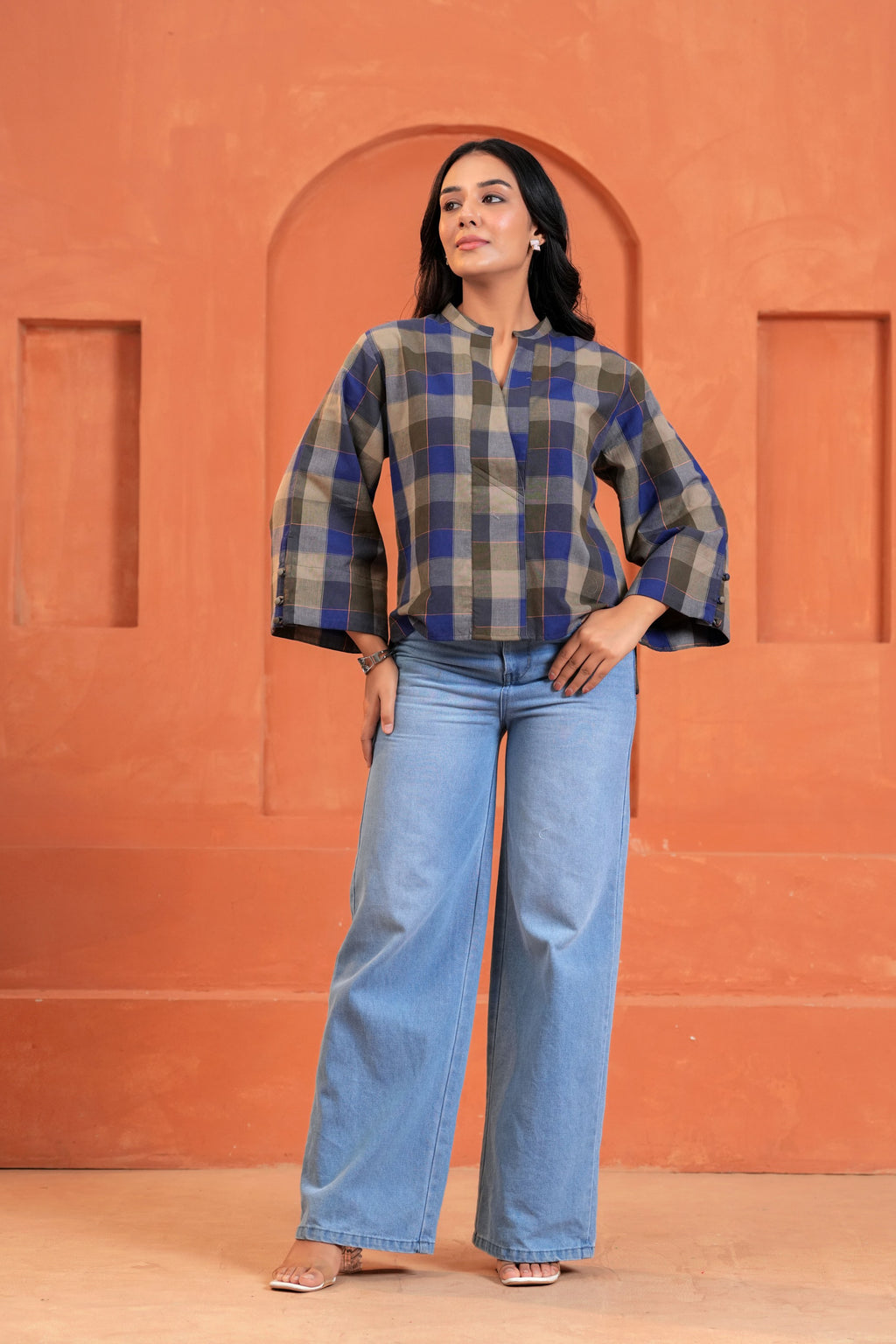 Nora Cotton Checked Hand Block Print Flared Sleeve Top