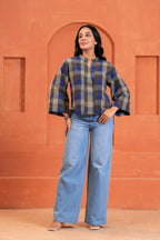 Nora Cotton Checked Hand Block Print Flared Sleeve Top