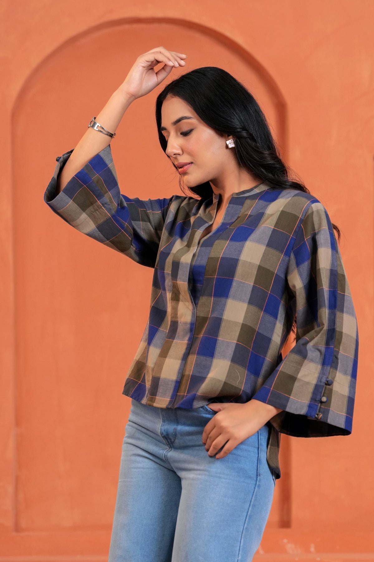 Nora Cotton Checked Hand Block Print Flared Sleeve Top
