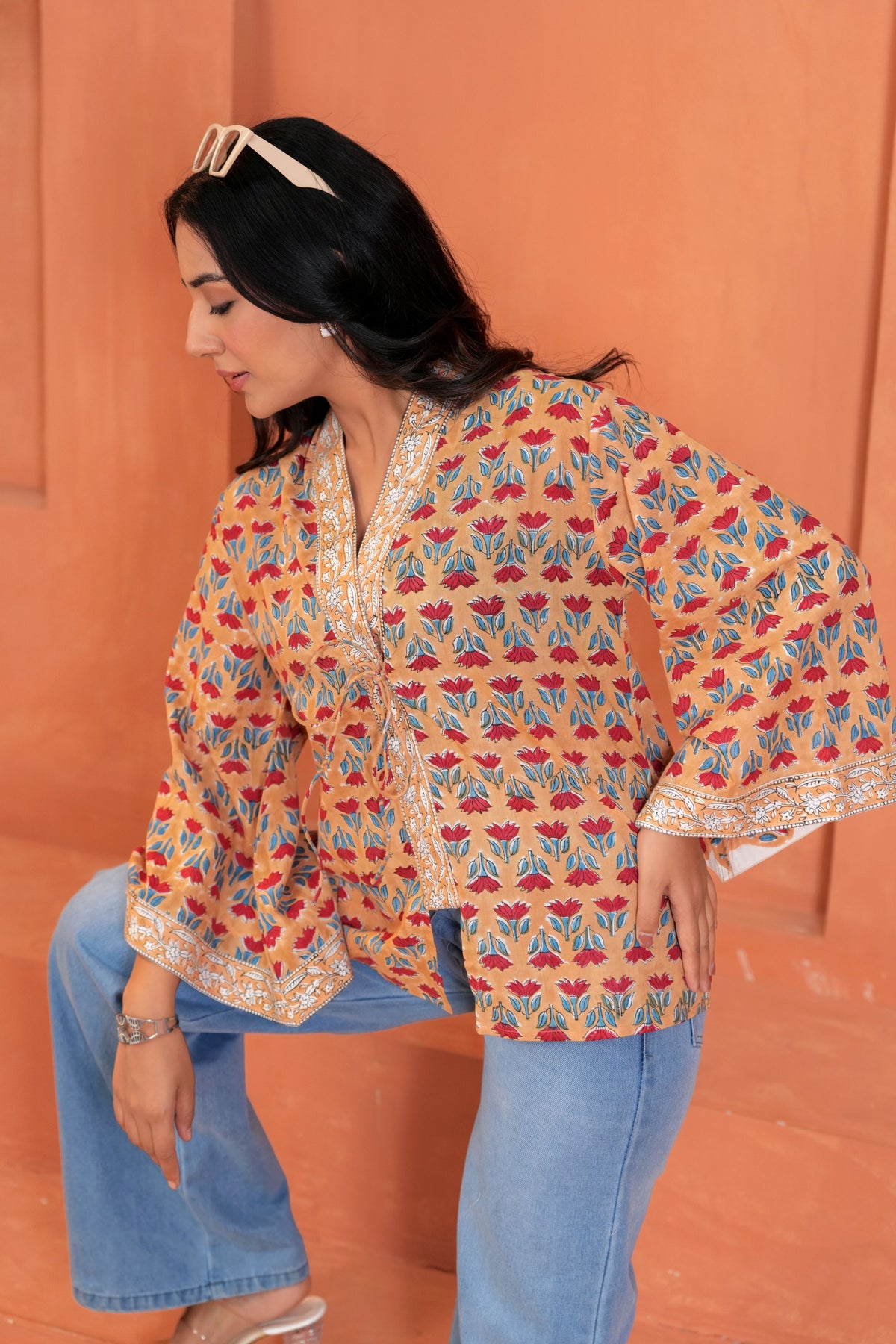 Ira Cotton Floral Hand Block Print Tie-Up Top