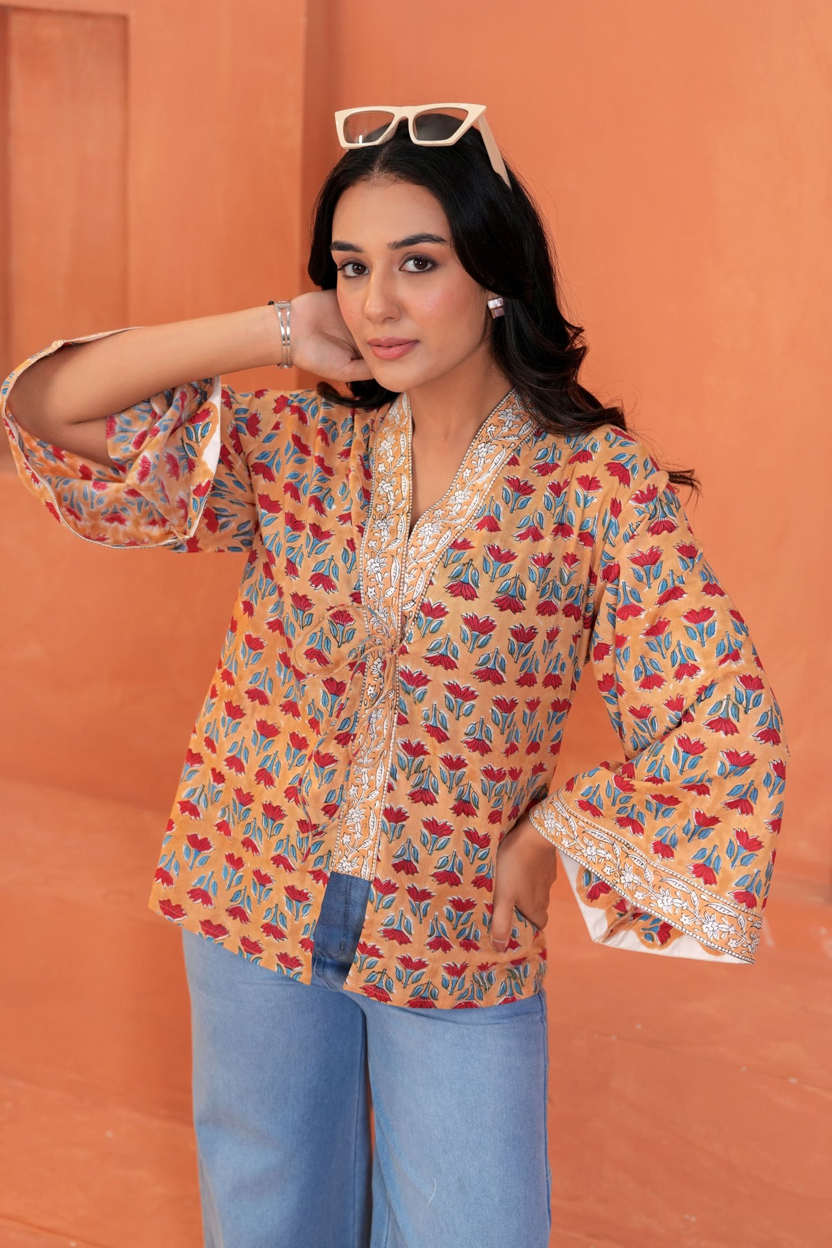 Ira Cotton Floral Hand Block Print Tie-Up Top
