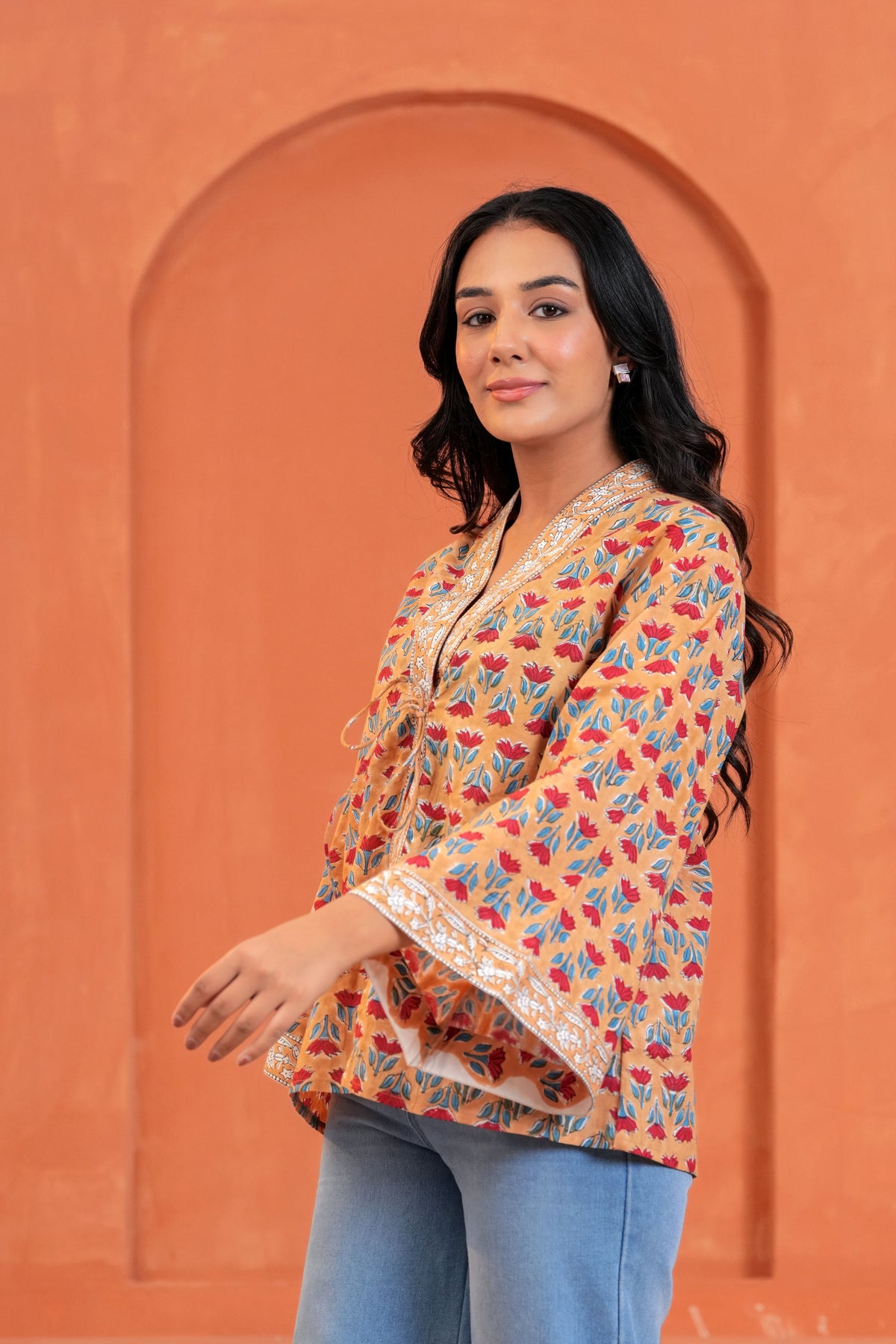 Ira Cotton Floral Hand Block Print Tie-Up Top