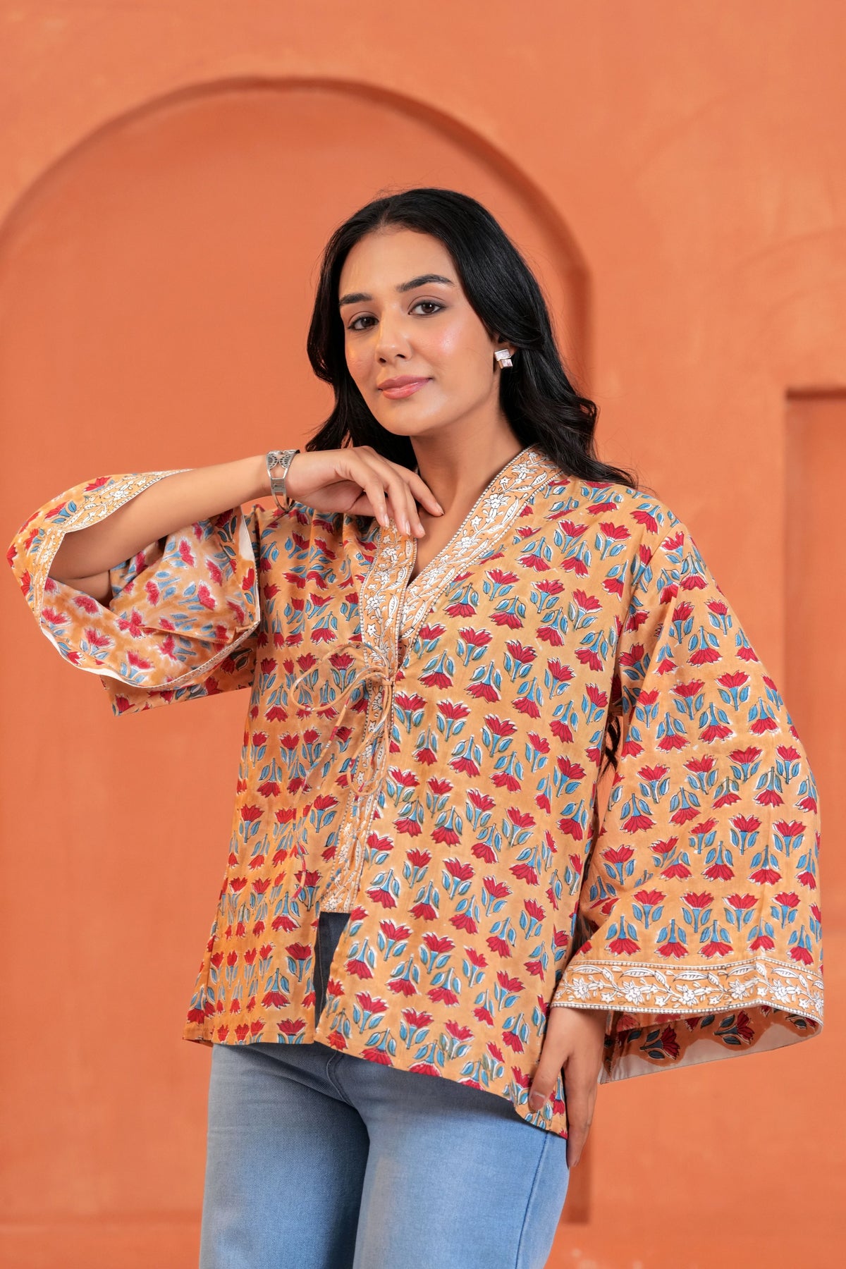 Ira Cotton Floral Hand Block Print Tie-Up Top