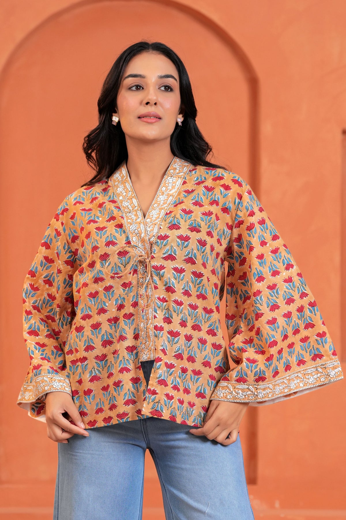 Ira Cotton Floral Hand Block Print Tie-Up Top