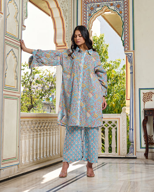 Hand Block Printed Cotton Co-ord Set Oversized Shirt & Wide-Leg Pants