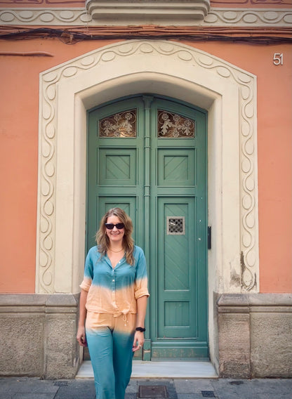 Peach & Teal Ombre Co-ord Set – Modal Fabric with Full Sleeves and Waist Tie Detail