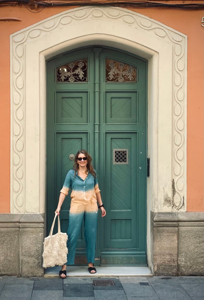 Peach & Teal Ombre Co-ord Set – Modal Fabric with Full Sleeves and Waist Tie Detail