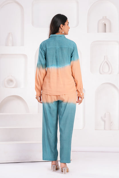 Peach & Teal Ombre Co-ord Set – Modal Fabric with Full Sleeves and Waist Tie Detail