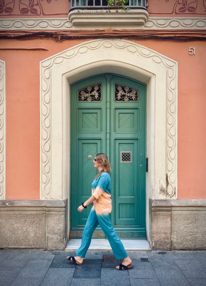 Peach & Teal Ombre Co-ord Set – Modal Fabric with Full Sleeves and Waist Tie Detail