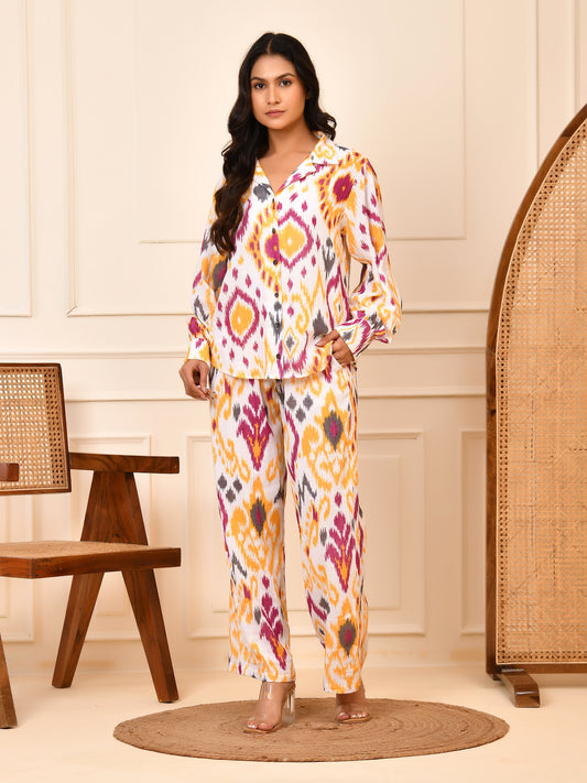 Women's Ikat Print Cotton Shirt & Pant Co-ord Set