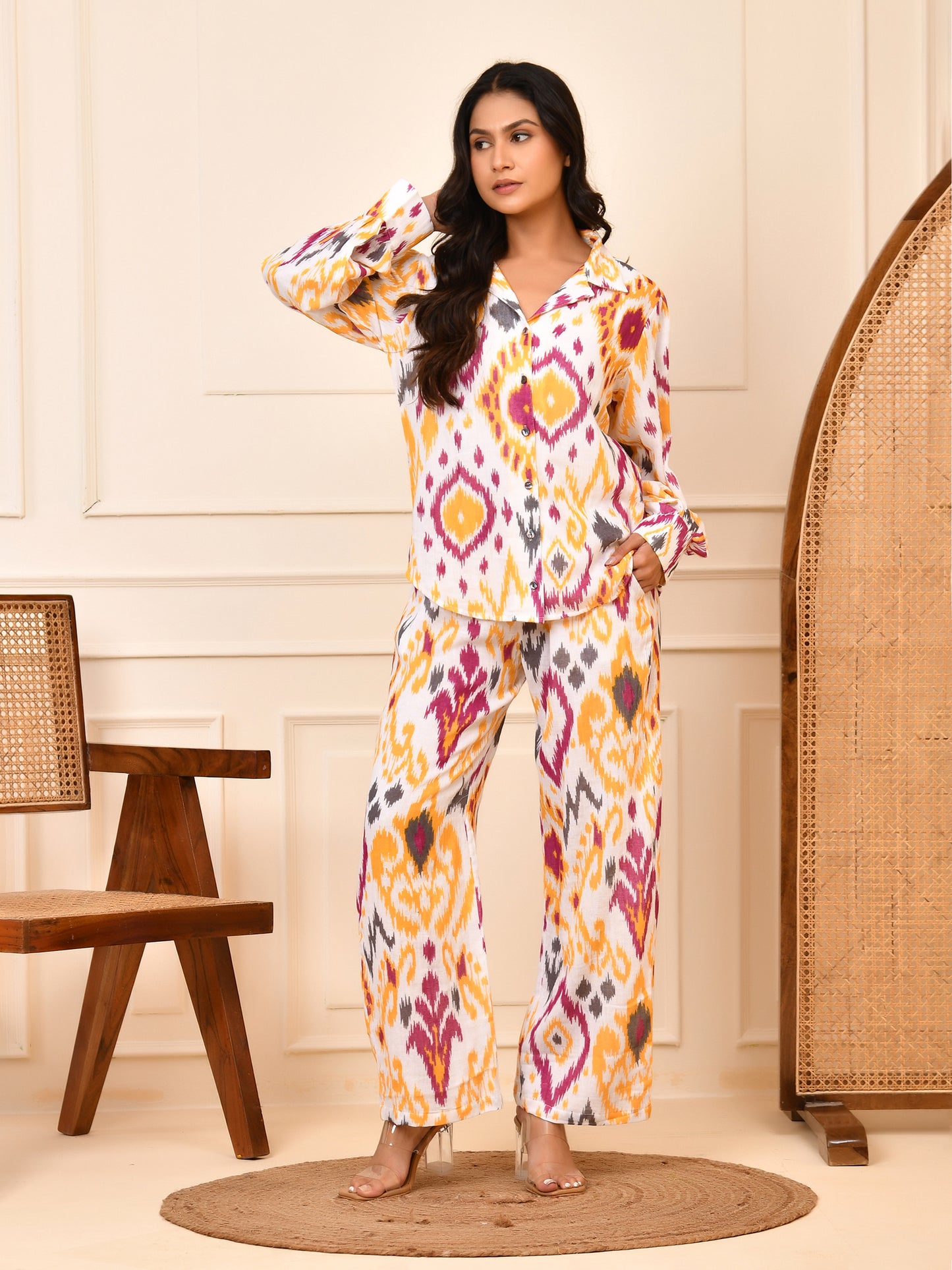 Women's Ikat Print Cotton Shirt & Pant Co-ord Set