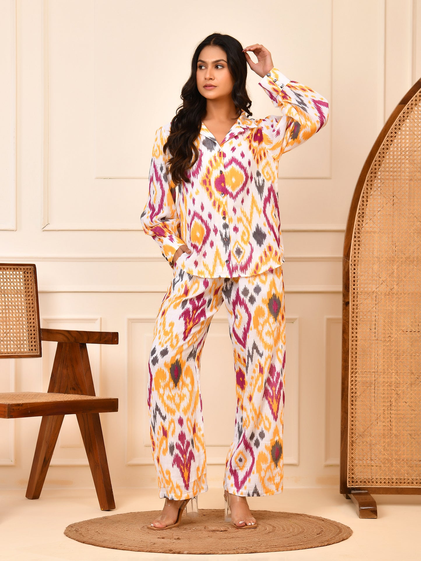 Women's Ikat Print Cotton Shirt & Pant Co-ord Set