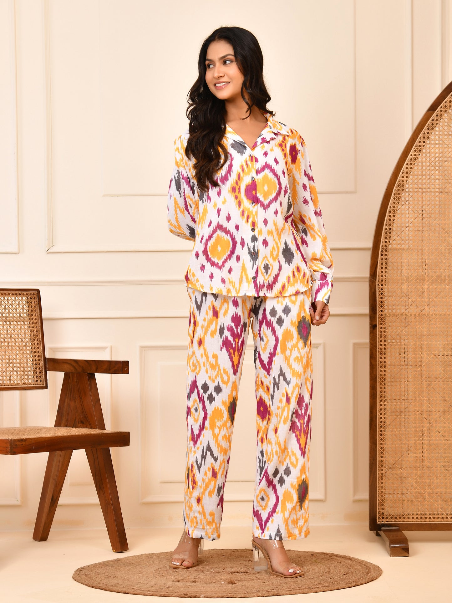 Women's Ikat Print Cotton Shirt & Pant Co-ord Set