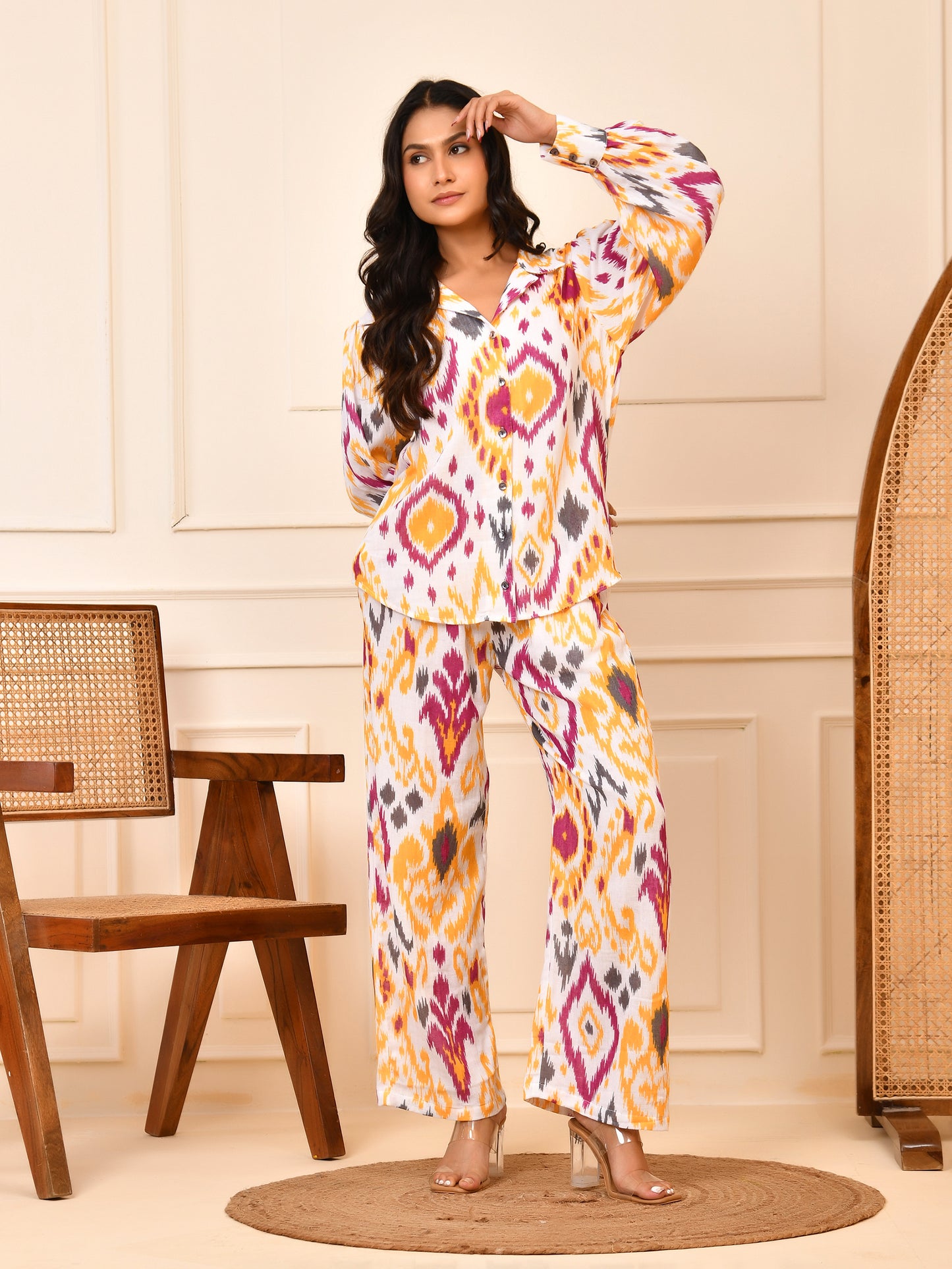 Women's Ikat Print Cotton Shirt & Pant Co-ord Set