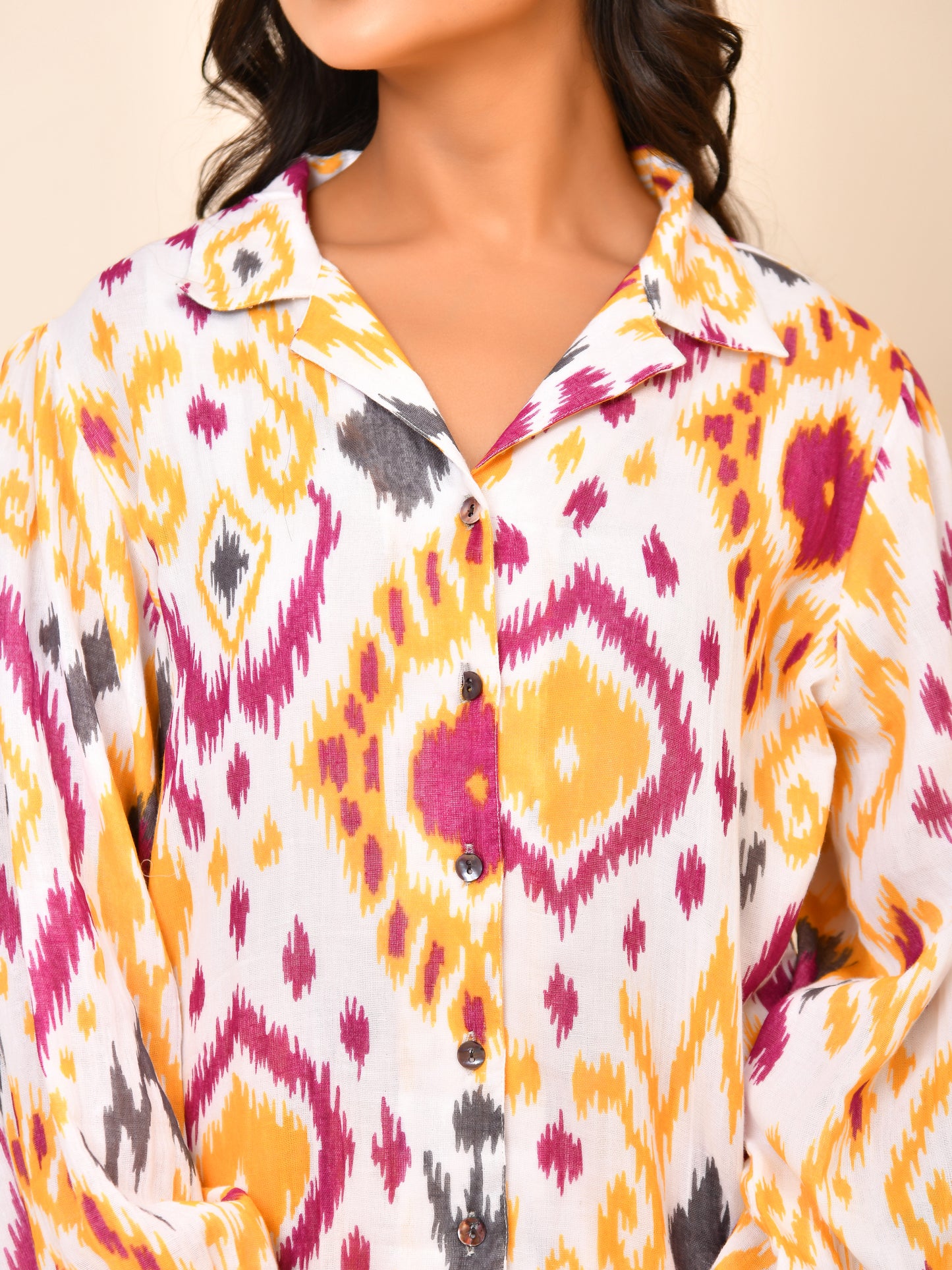 Women's Ikat Print Cotton Shirt & Pant Co-ord Set