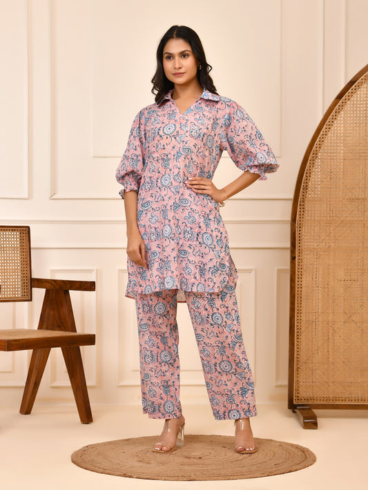 Pink & Blue Hand block Floral Print Cotton Co-ord Set | Puff Sleeve Shirt & Pant